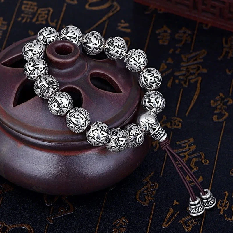 Buddha Stones Tibetan Om Mani Padme Hum Carved Alloy Beads Amulet Bracelet (Extra 35% Off | USE CODE: FS35)