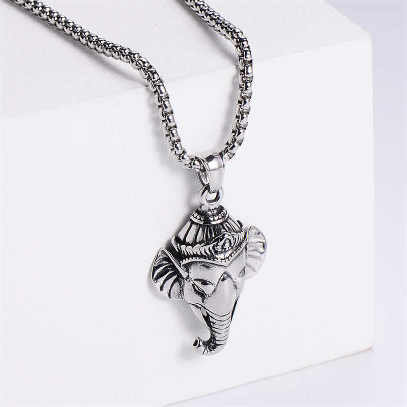 Buddha Stones Ganesh Ganpati Elephant Titanium Steel Protection Pendant Necklace