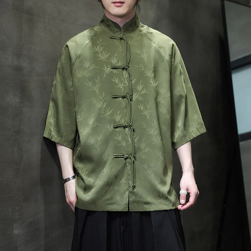 Buddha Stones Jacquard Bamboo Pattern Chinese Frog-Button Stand Collar Tang Suit Men's Cotton Shirt