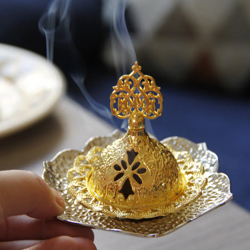 Buddha Stones Gold Leaf Coaster Spiritual Mini Alloy Metal Incense Burner