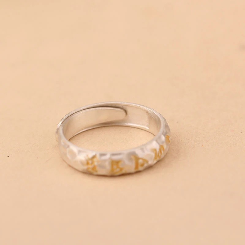 Buddha Stones Hammer Pattern Om Mani Padme Hum Copper Plated Silver Wealth Ring