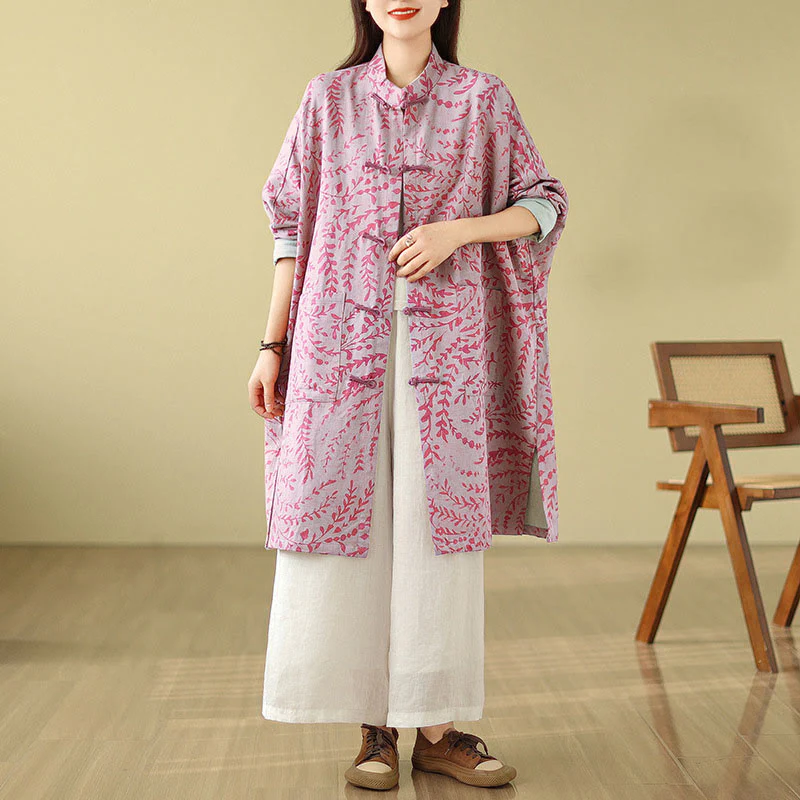Buddha Stones Frog-button Vine Leaves Women's Cotton Linen Coat With Pockets
