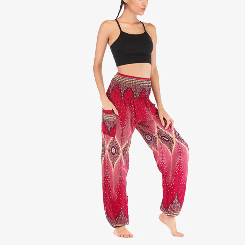 Buddha Stones Small Eye Peacock Feathers Pattern Loose Smocked Harem Trousers High Waist Women's Yoga Pants