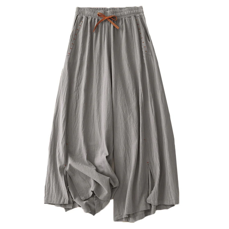 Buddha Stones Casual Side Slits Design Cotton Women's Wide Leg 7-8 Length Pants With Pockets