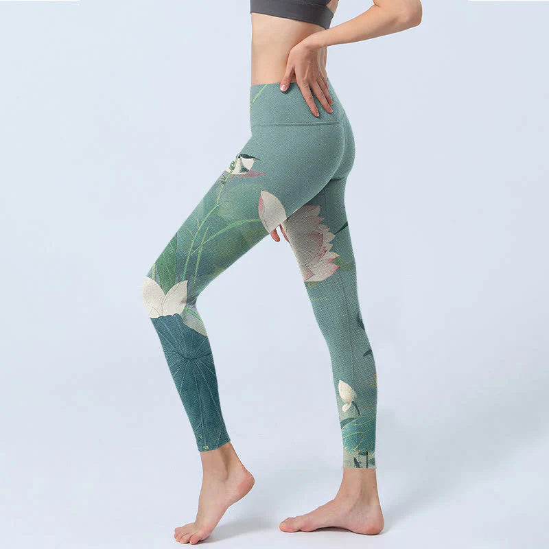 Buddha Stones Lotus Leaf Bird Print Gym Leggings Women's Yoga Pants