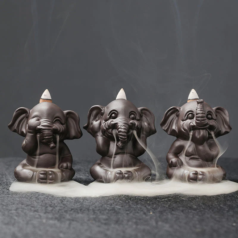 Buddha Stones Cute Elephant Purple Clay Backflow Smoke Fountain Peace Healing Incense Burner Decoration