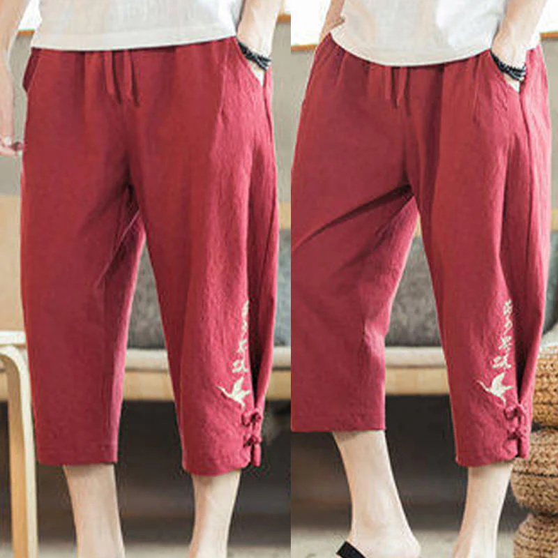 Buddha Stones Crane Embroidery Cotton Men's Cropped Harem Pants With Pockets