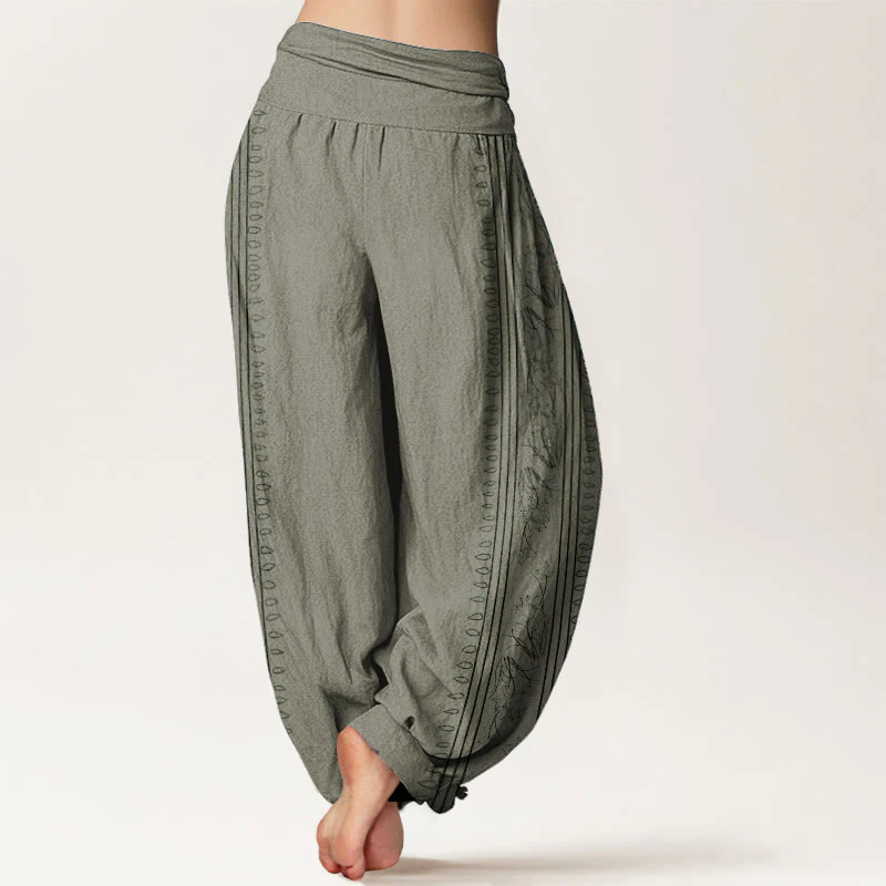 Buddha Stones Pure Cotton Dharma Wheel Lotus OM Pattern Women's Elastic Waist Harem Pants