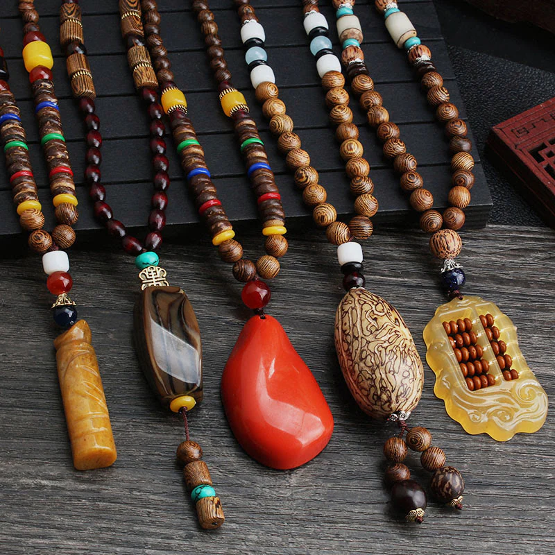 Buddha Stones Tibetan Wenge Wood Bodhi Seed Agate Balance Peace Necklace Pendant