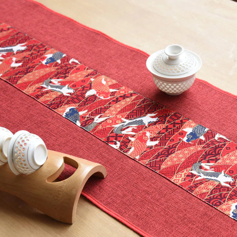 Buddha Stones Classic Chinese Style Lotus Koi Fish Flower Crane Calligraphy Enlightenment Cotton Linen Tassels Table Runner