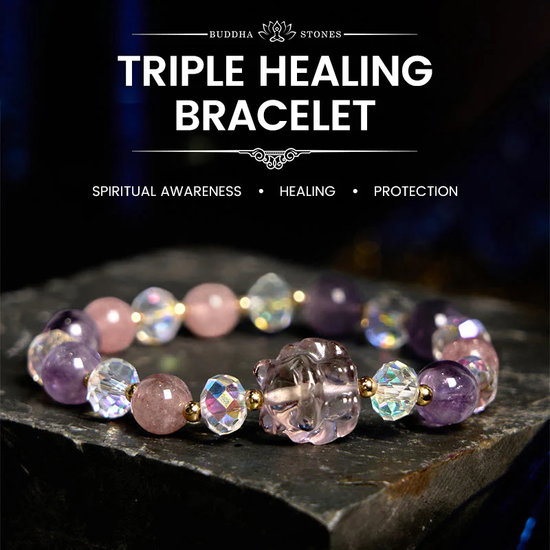 Buddha Stones Amethyst Strawberry Quartz White Crystal Nine Tailed Fox Meditation Bracelet