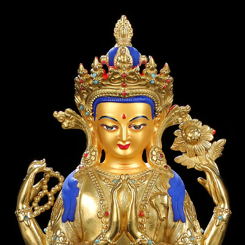 Buddha Stones Chenrezig Four-armed Avalokitesvara Protection Copper Gold Plated Statue Decoration