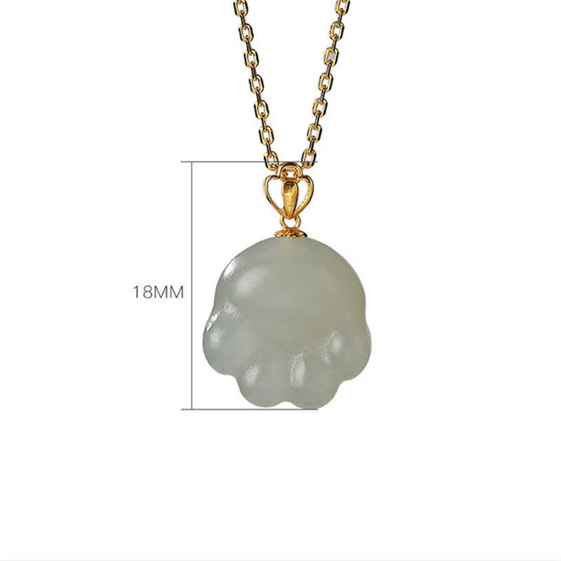 Buddha Stones 925 Sterling Silver Hetian White Jade Cute Cat Paw Luck Necklace Pendant