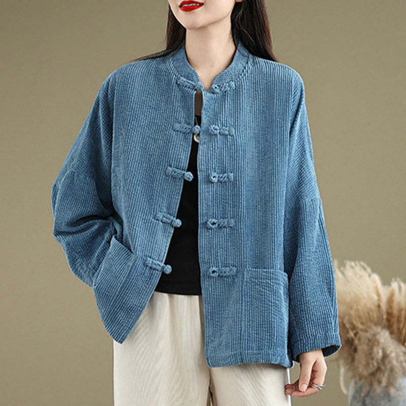 Buddha Stones Frog-button Stand Collar Women's Cotton Linen Corduroy Jacket