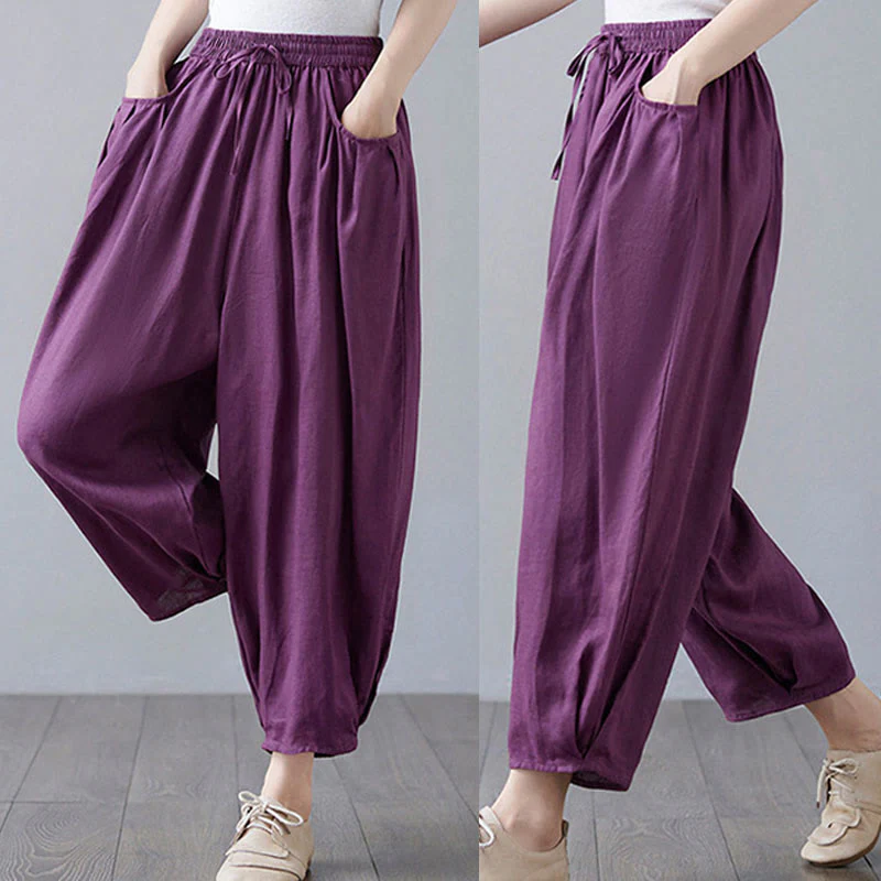 Buddha Stones Summer Plain Cropped Pants Women's Cotton Linen Harem Pants With Pockets