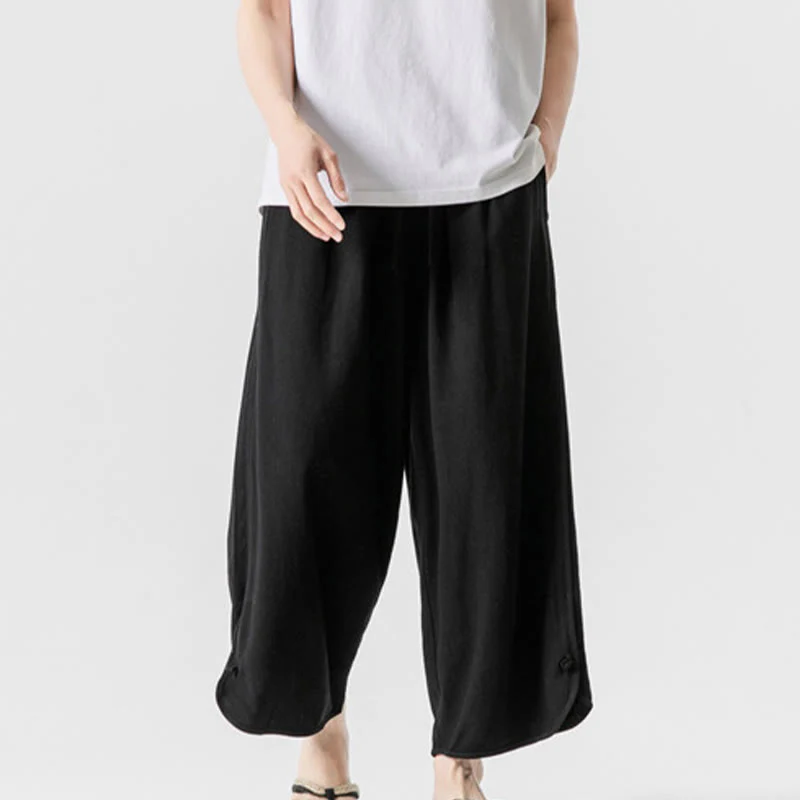 Buddha Stones Casual Loose Frog-Button Plain Men's Cotton Linen 7-8 Length Pants With Pockets