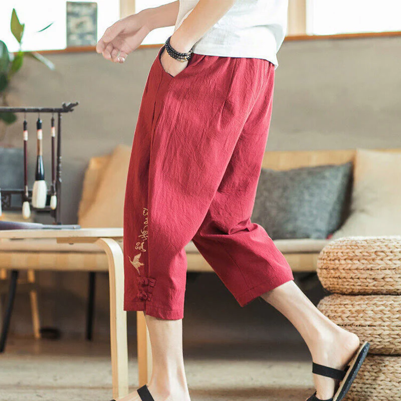 Buddha Stones Crane Embroidery Cotton Men's Cropped Harem Pants With Pockets