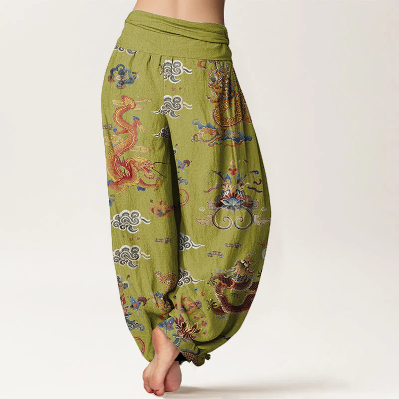 Buddha Stones Golden Dragons Auspicious Clouds Design Women's Elastic Waist Harem Pants