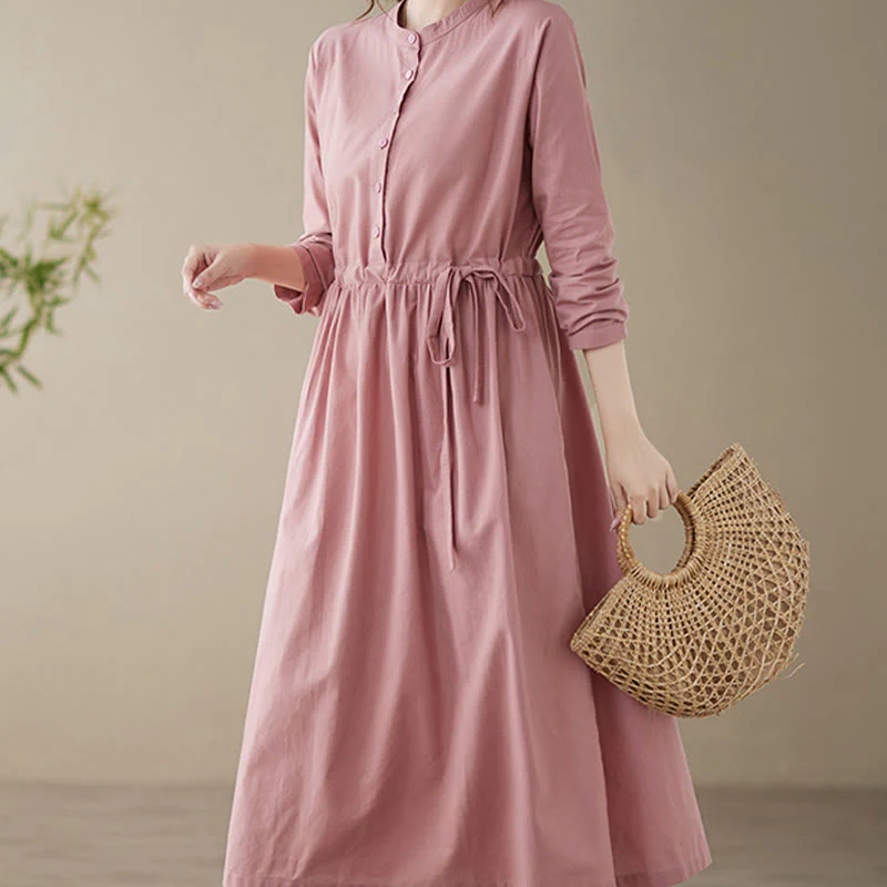 Buddha Stones Casual Plain Crew Neck Lace-up Cotton Linen Midi Dress With Pockets