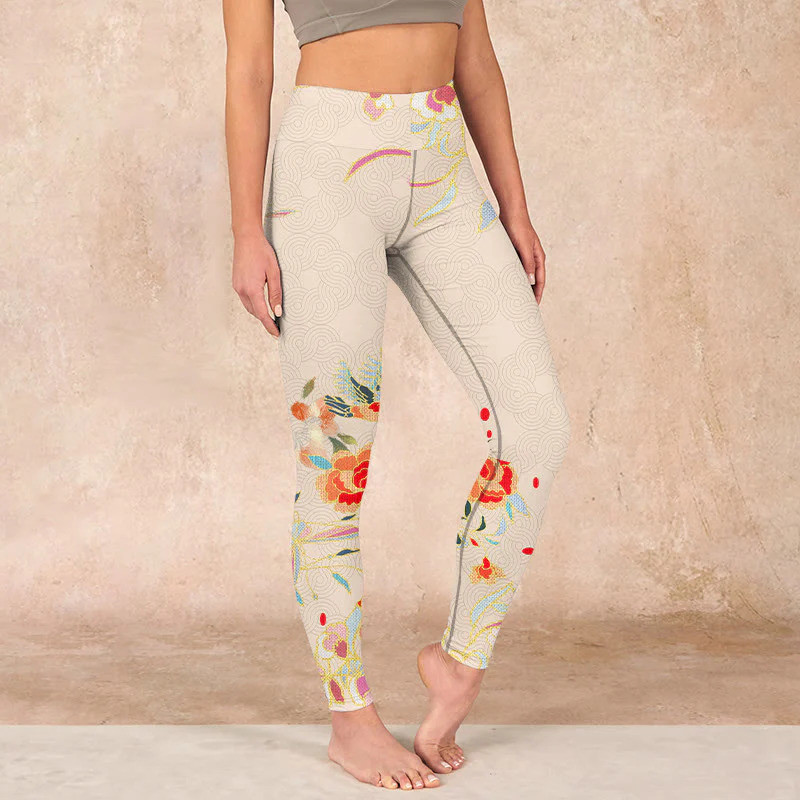 Buddha Stones Apricot Butterfly Peony Flowers Leaves Print Gym Leggings Women's Yoga Pants