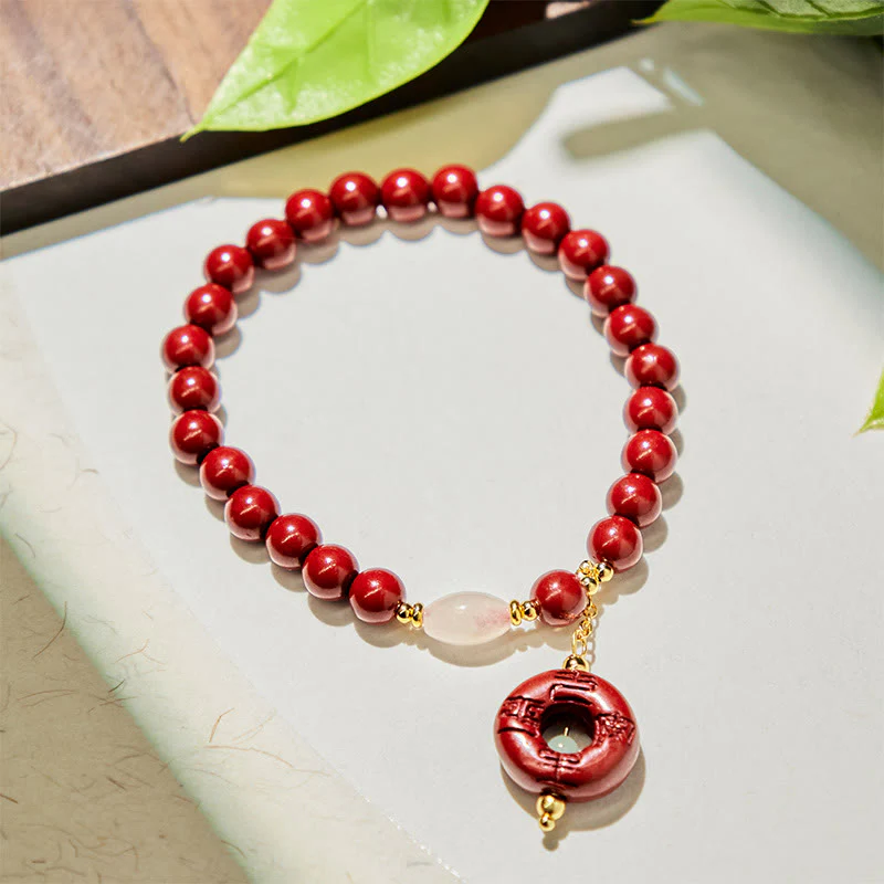 Buddha Stones Natural Cinnabar Peace Buckle Charm Blessing Bracelet