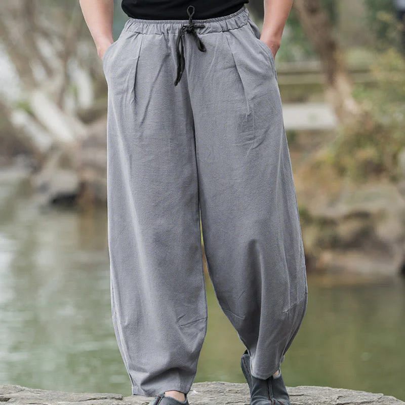 Buddha Stones Plain Casual Linen Bloomer Men's Pants With Pockets
