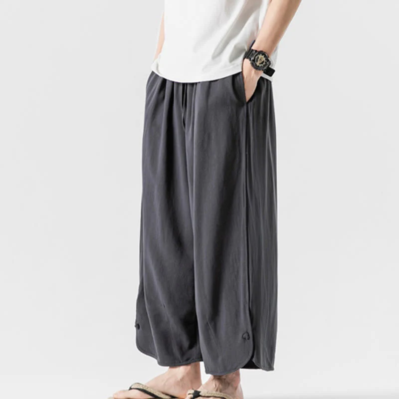 Buddha Stones Casual Loose Frog-Button Plain Men's Cotton Linen 7-8 Length Pants With Pockets