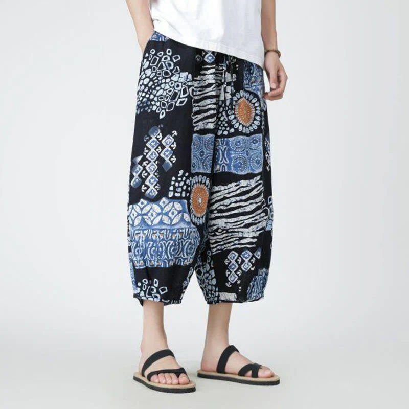 Buddha Stones Summer Square Patchwork Elephant Mandala Geometry Cotton Linen Men's 7-8 Length Pants With Pockets