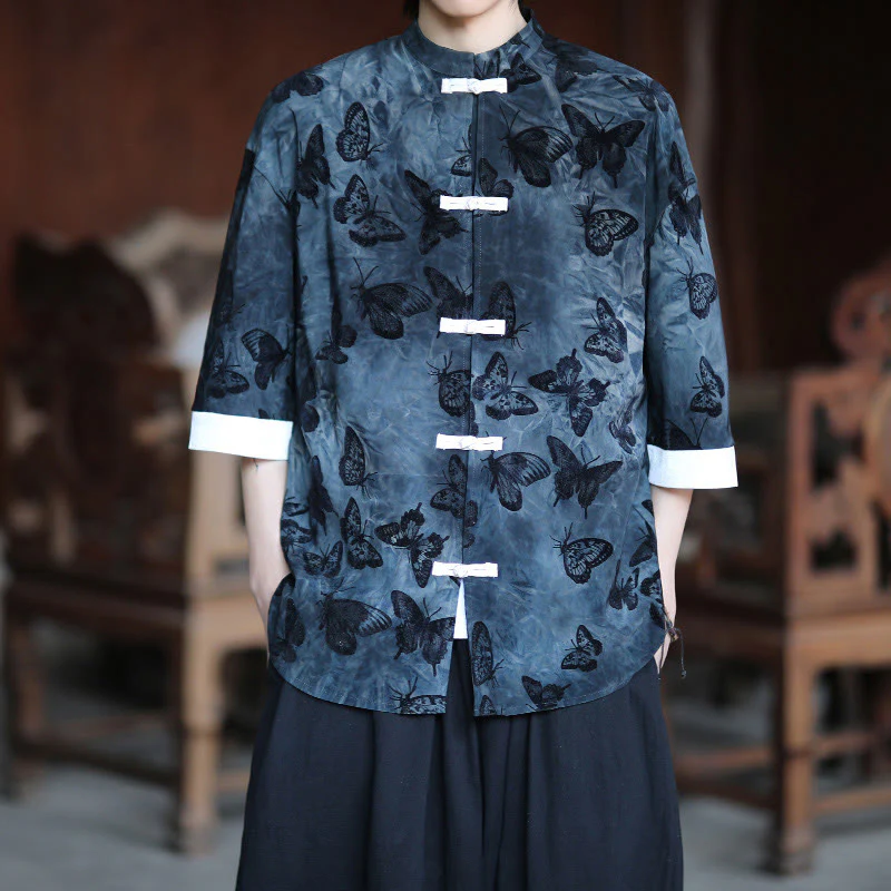 Buddha Stones Jacquard Butterfly Pattern White Frog-Button Design Stand Collar Men's Three Quarter Sleeve Cotton Shirt Cardigan