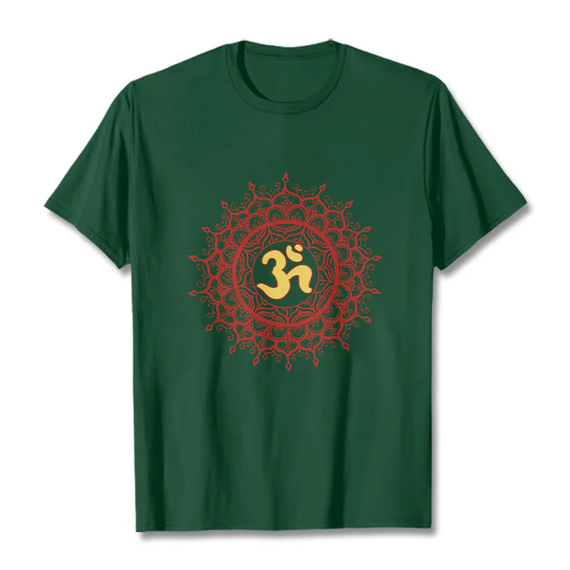 Buddha Stones Casual Red Mandala Om Symbol Pattern Cotton Tee T-shirt