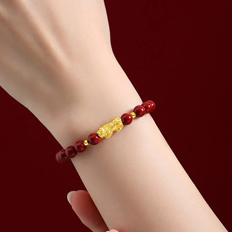 Buddha Stones 999 Gold 5D Hard Gold Cinnabar PiXiu Calm Bracelet