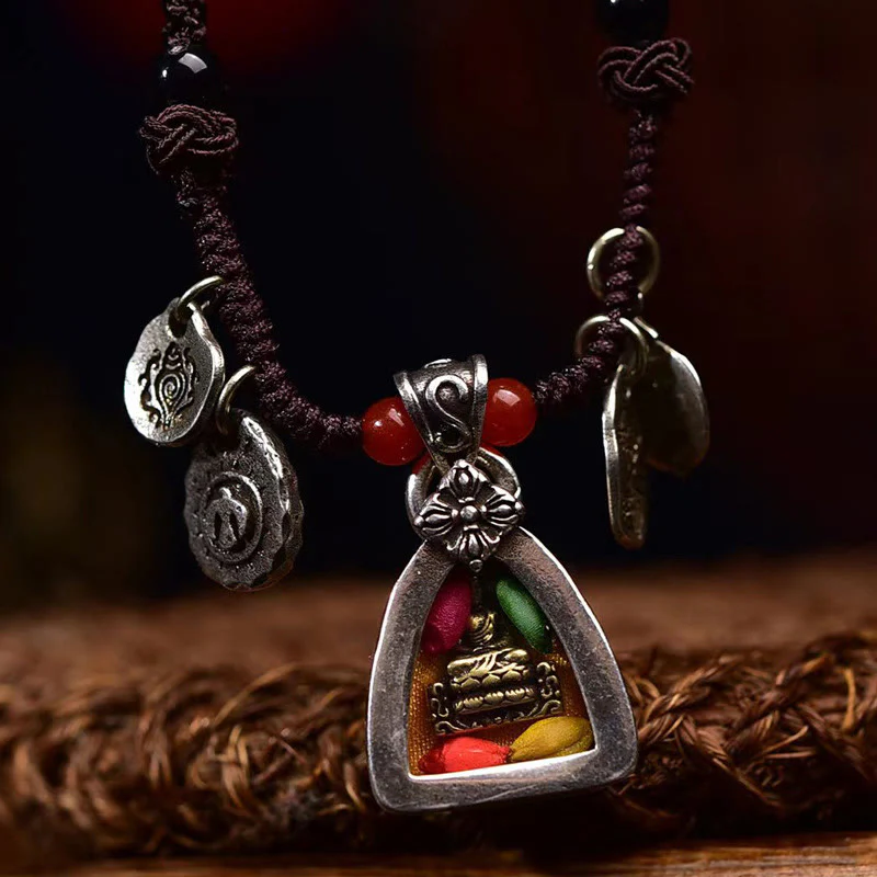 Buddha Stones Tibetan Medicine Buddha Compassion Braided Rope Necklace Pendant