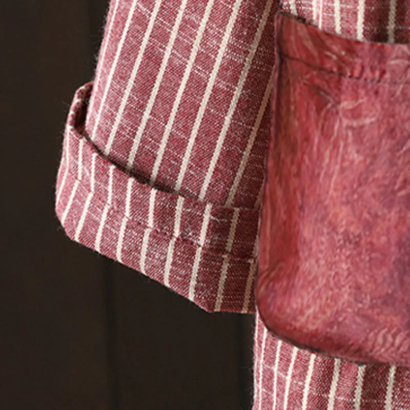 Buddha Stones Splicing Stripes Women's Cotton Linen Jacket With Pockets