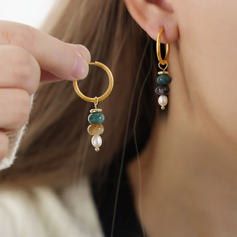 Buddha Stones Tibetan Marnyi Stone Design Natural Red Agate Pearl Confidence Titanium Steel Earrings