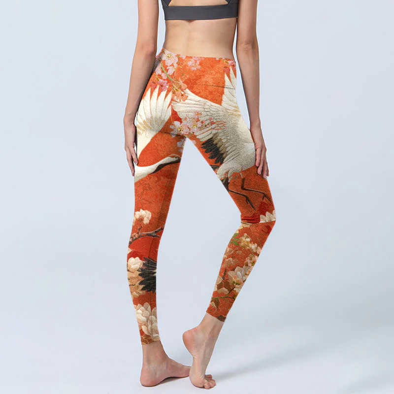 Buddha Stones Red-Crowned Crane Cherry Blossom Lotus Flower Pattern Print Gym Leggings Women's Yoga Pants