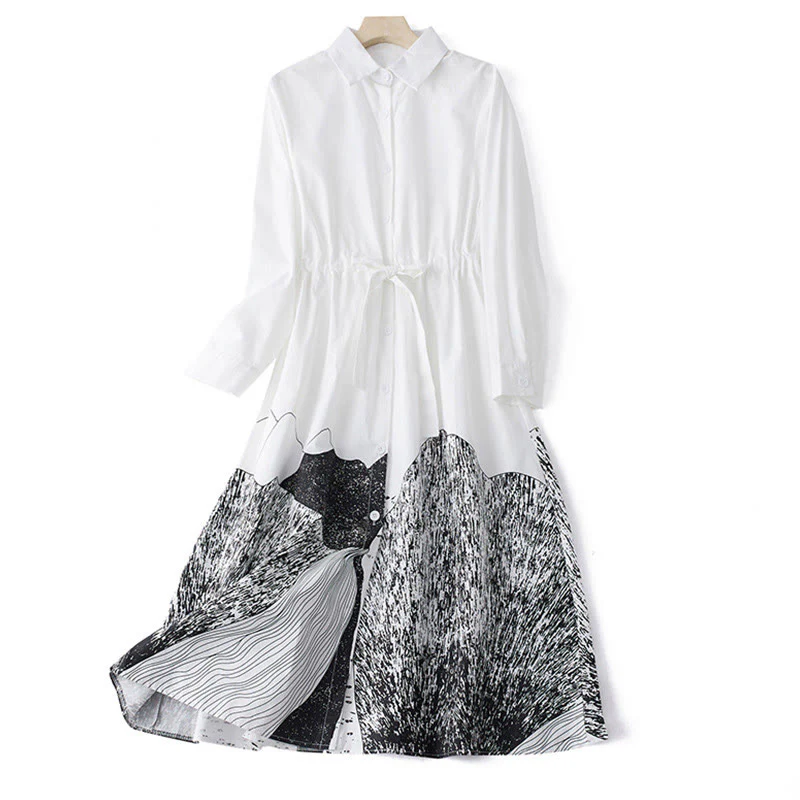 Buddha Stones Printing Irregular Lines Back Lace-up Design Lapel Cotton Midi Dress With Pockets