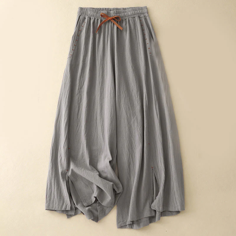 Buddha Stones Casual Side Slits Design Cotton Women's Wide Leg 7-8 Length Pants With Pockets