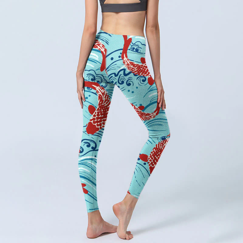 Buddha Stones Koi Fish Wave Pattern Print Gym Leggings Women's Yoga Pants
