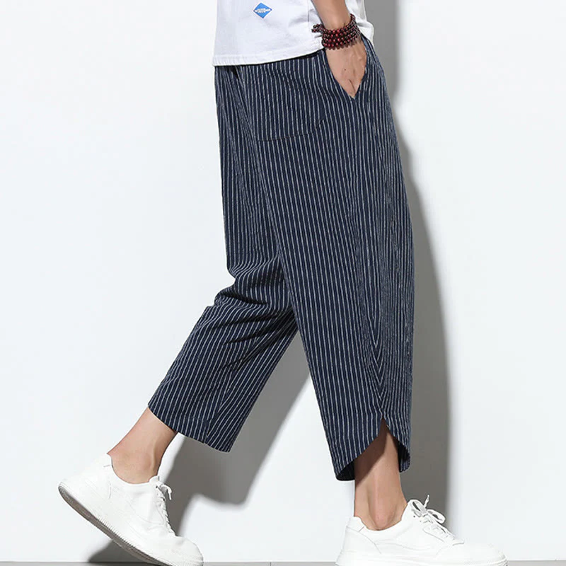 Buddha Stones Summer Stripes Pattern Drawstring Cotton Linen Men's 7-8 Length Harem Pants With Pockets