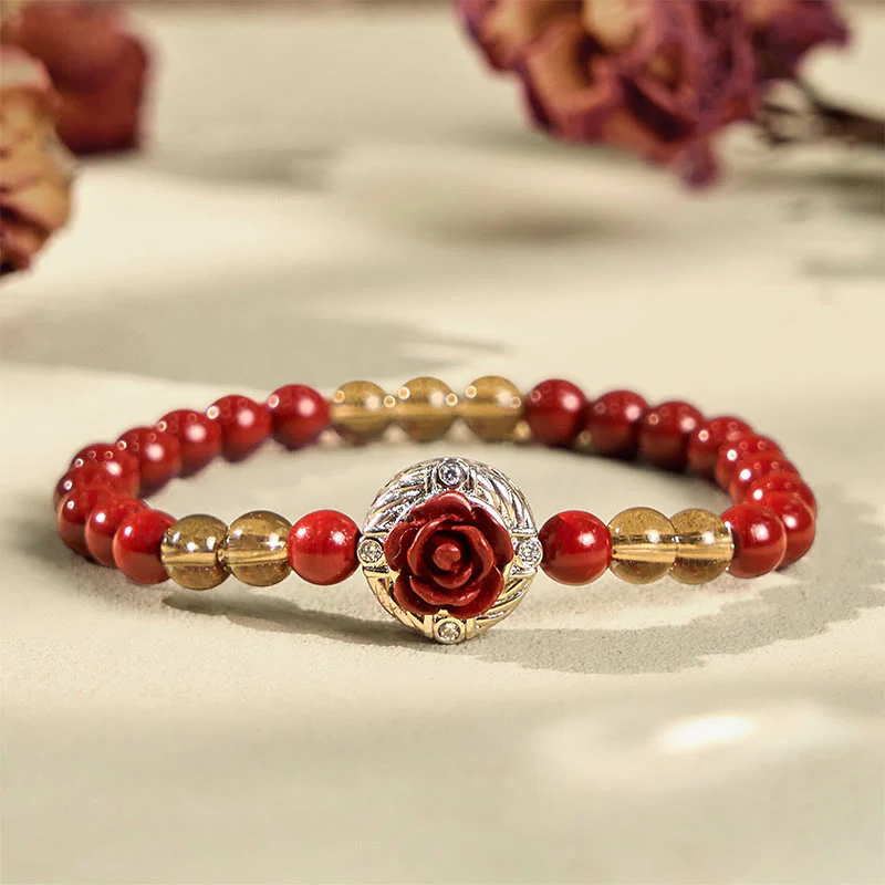 Buddha Stones Cinnabar Angora Red Shell Pearl Rose Petals Calm Bracelet