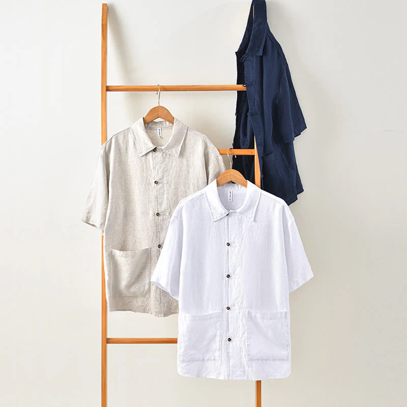 Buddha Stones Solid Summer Short Sleeve Buttons Linen Men's Shirt With Pockets