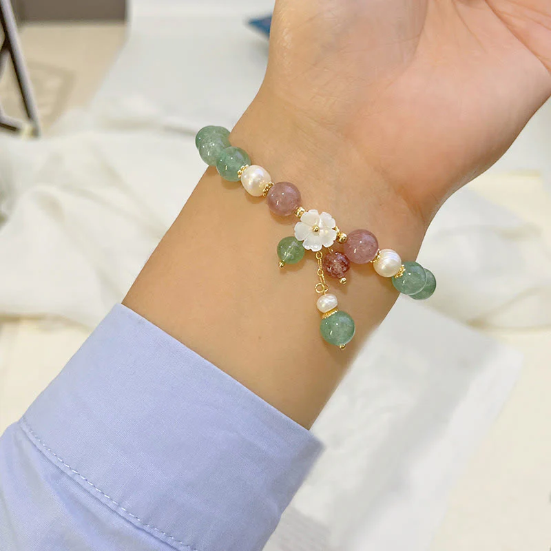 Buddha Stones Green Strawberry Quartz Shell Peach Blossom Soothing Bracelet