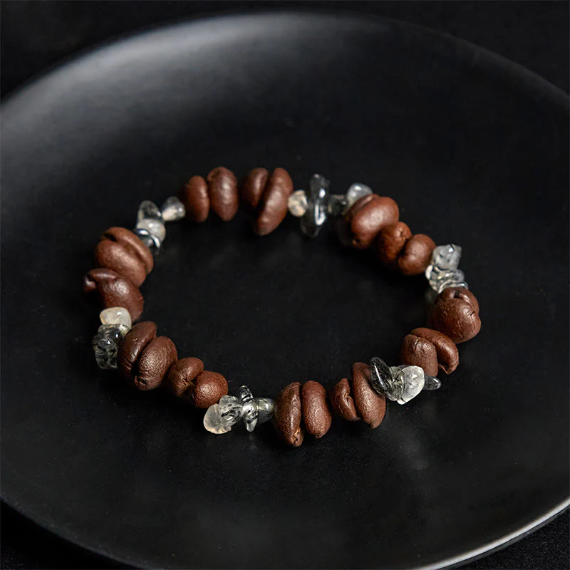 Buddha Stones Natural Coffee Beans Black Obsidian Rutilated Quartz Strength Bracelet