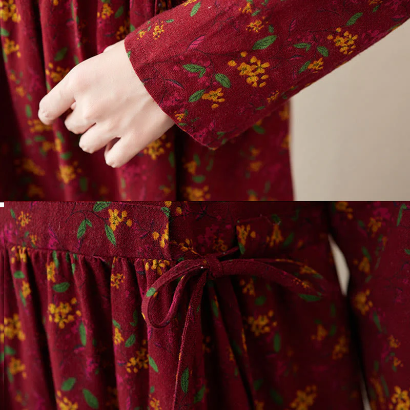 Buddha Stones Casual Ethnic Printing Floral Buttons Design Cotton Linen Midi Dress With Pockets