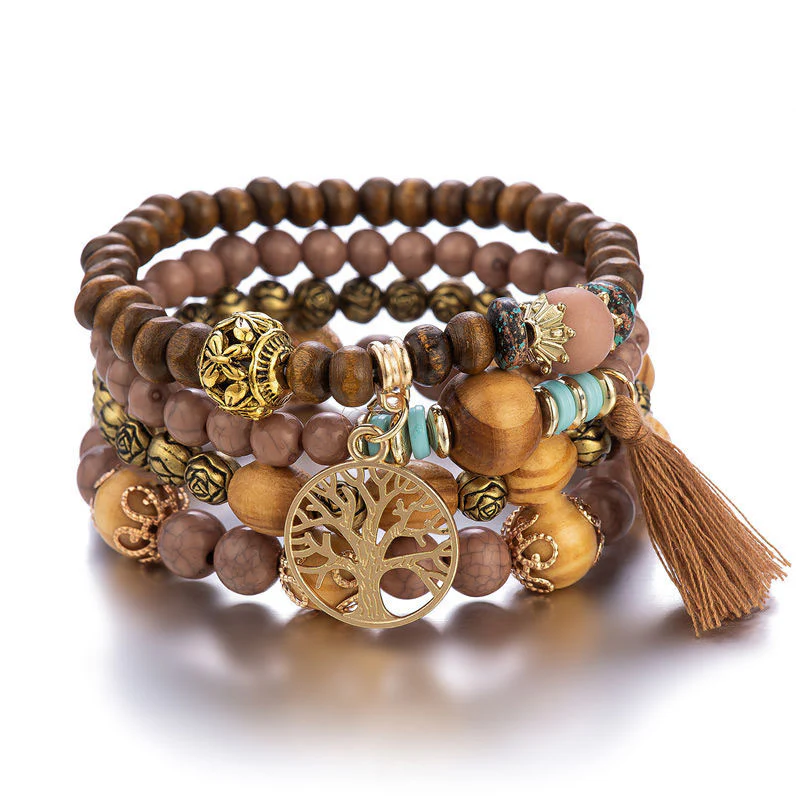 Buddha Stones Wenge Wood Layered Tree Tassel Healing Bracelet