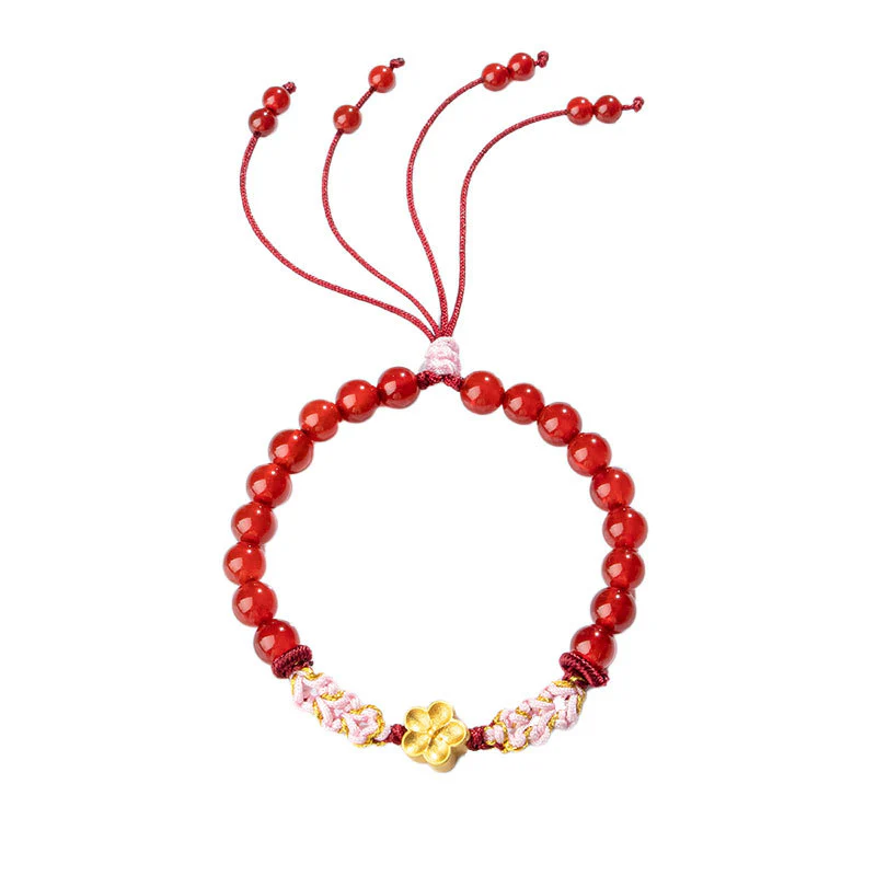 Buddha Stones 999 Sterling Silver Natural Red Agate Pink Crystal Cherry blossom Bracelet