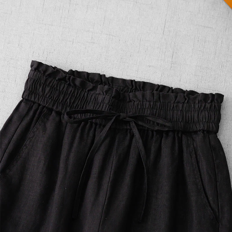 Buddha Stones Casual High Waist Ruffled Drawstring Design Women's Wide Leg Cotton Pants With Pockets