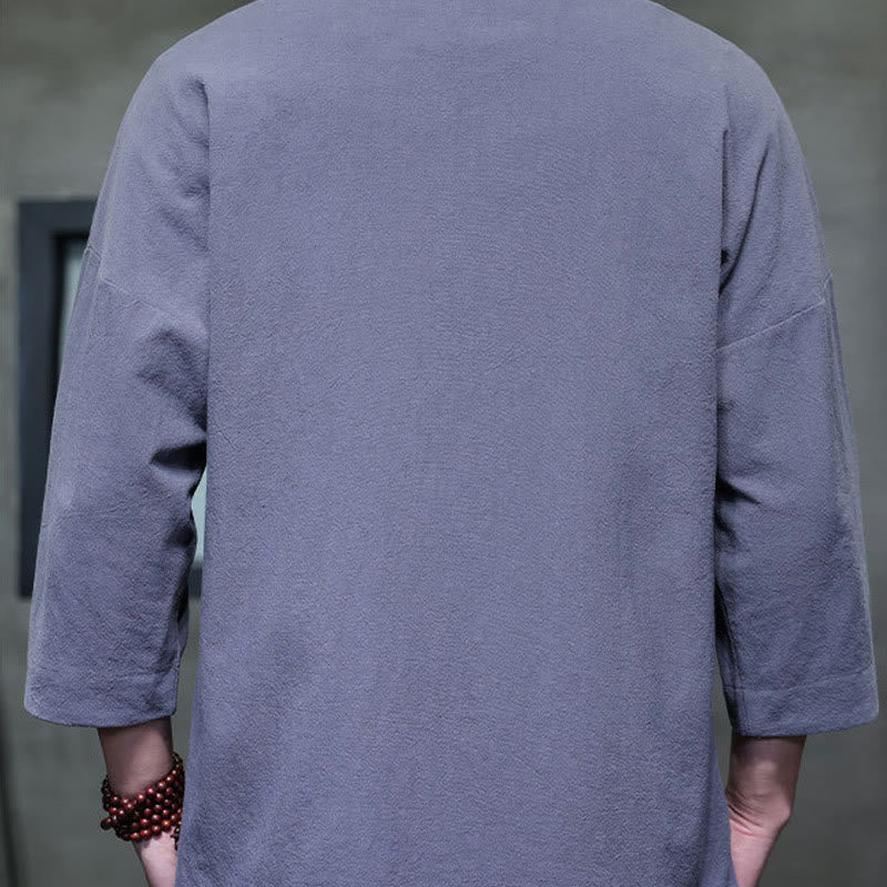 Buddha Stones Embroidery Men's  Chinese Frog-Button Three Quarter Sleeve Shirt Clothing