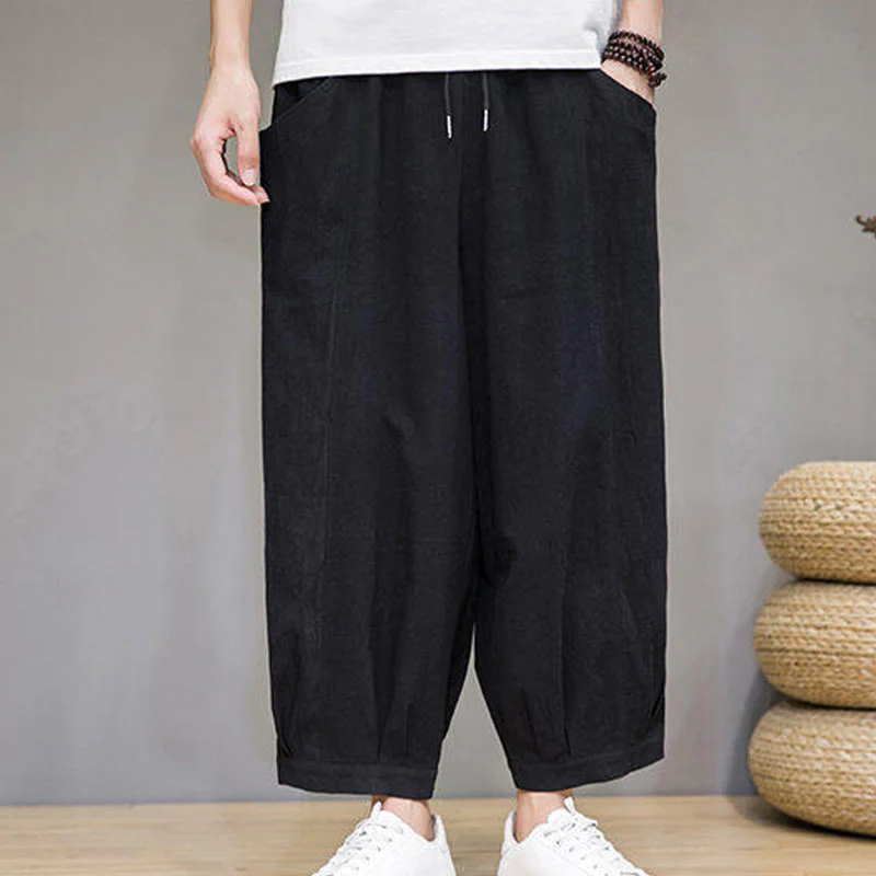 Buddha Stones Casual Plain Men's Cotton 7-8 Length Harem Pants With Pockets
