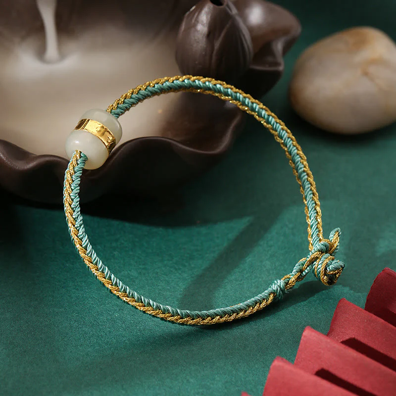 Buddha Stones 999 Gold Hetian White Jade Om Mani Padme Hum Fu Character Luck Braided Bracelet